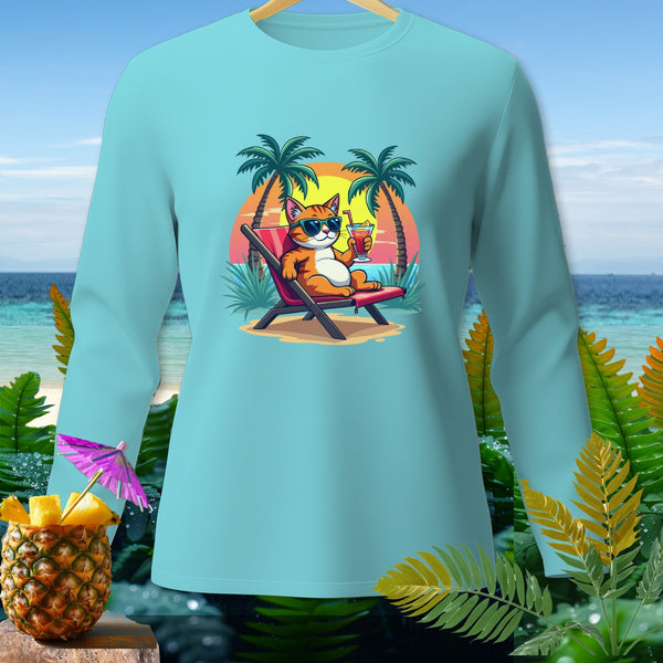 Cartoon cat in sunglasses relaxes on a beach chair with a drink.