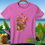 Pink t-shirt with flamingo at tiki bar, 