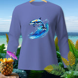 Long sleeve shirt with a dolphin jumping over a wave graphic.