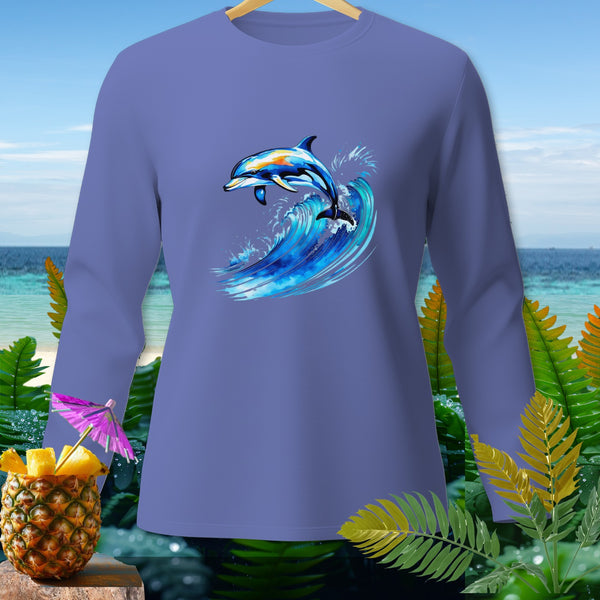 Long sleeve shirt with a dolphin jumping over a wave graphic.