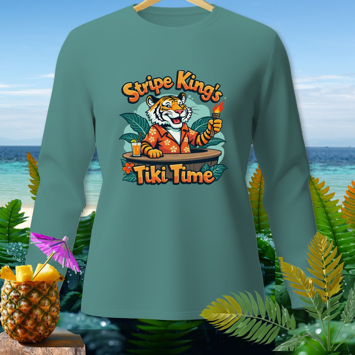 Tiger in Hawaiian shirt holds torch, "Stripe King's Tiki Time" text.
