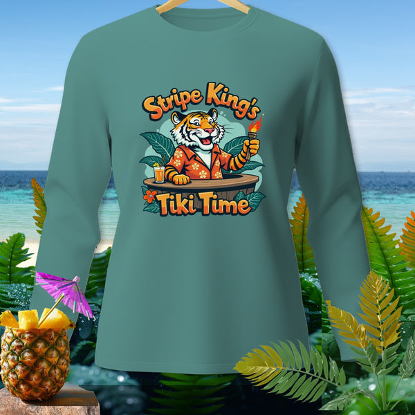 Tiger in Hawaiian shirt holds torch, "Stripe King's Tiki Time" text.