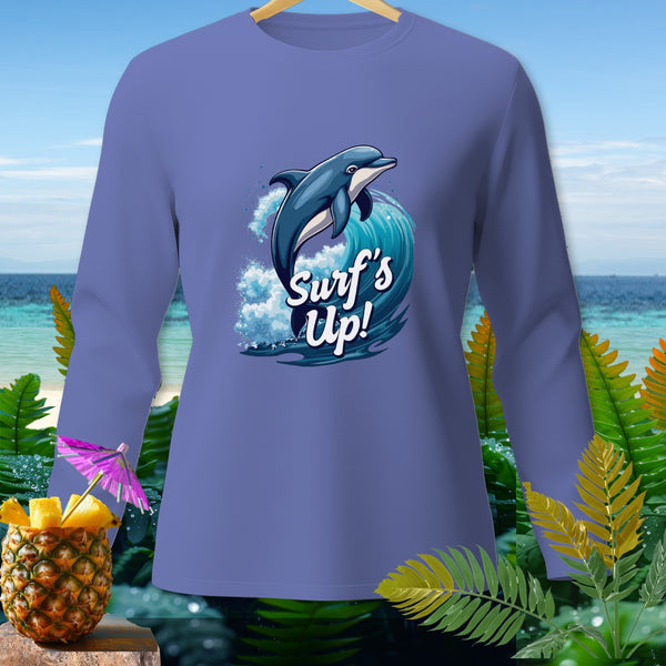 Purple long sleeve shirt with a dolphin jumping over a wave and "Surf's Up!" text.