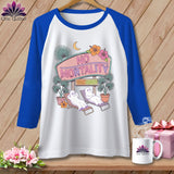 Raglan sleeve shirt with ghosts on lounge chairs under a neon 