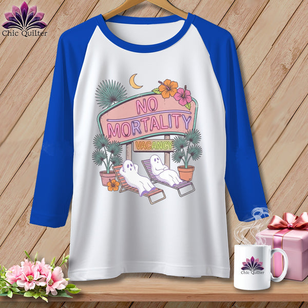 Raglan sleeve shirt with ghosts on lounge chairs under a neon "NO MORTALITY VACANCY" sign.