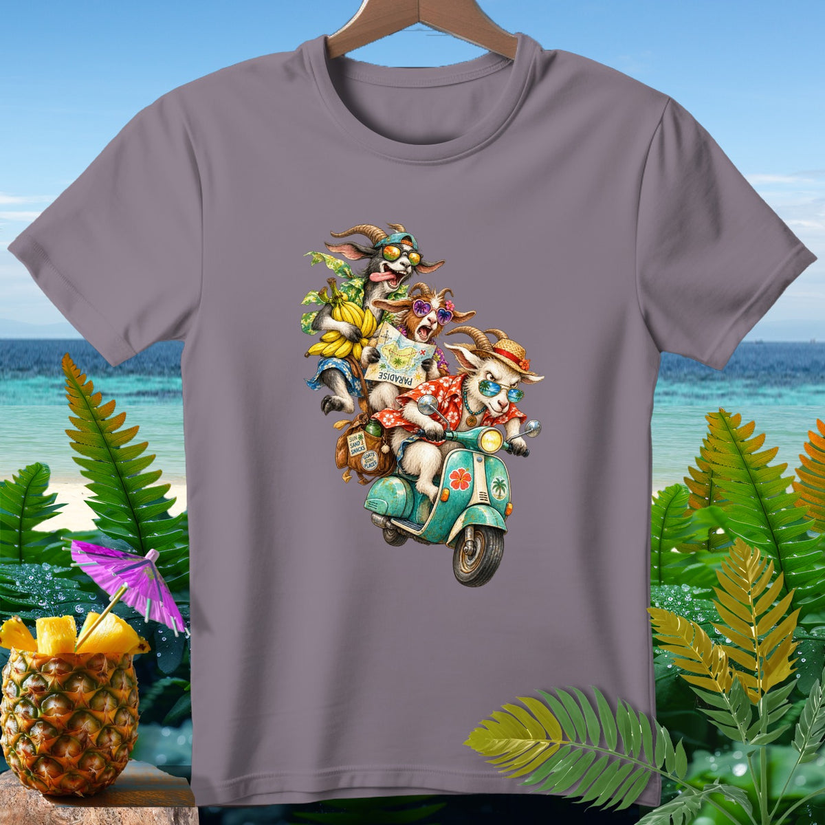 Three goats ride a scooter with bananas and a map towards paradise.
