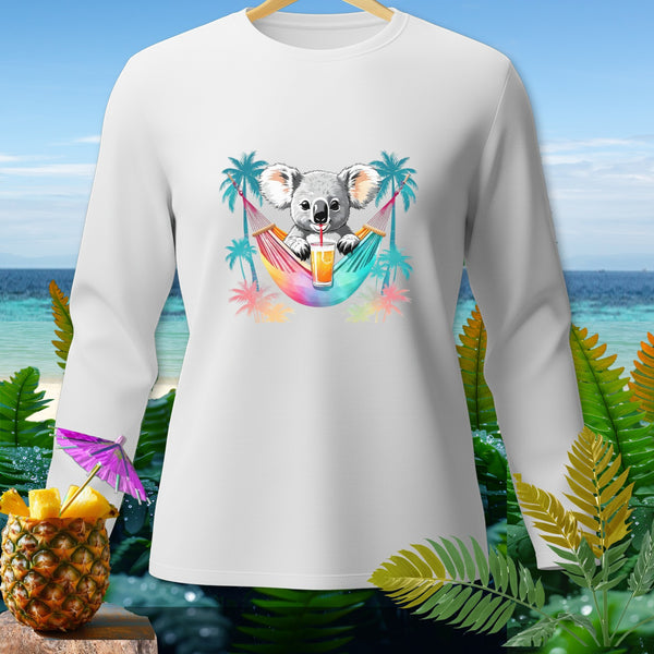 White long-sleeve shirt with a koala in a rainbow hammock and a pineapple drink.
