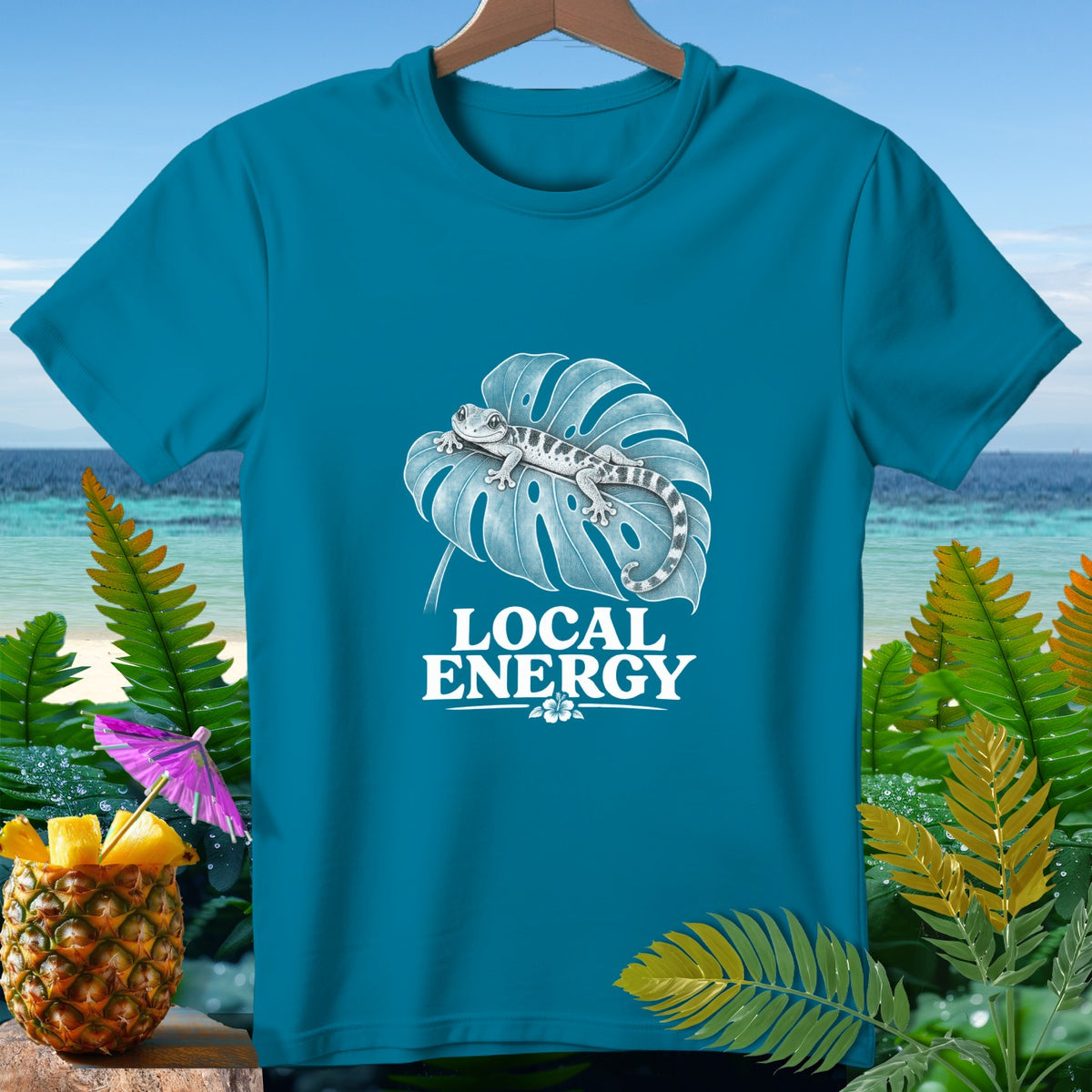 Teal t-shirt with gecko on leaf and text LOCAL ENERGY