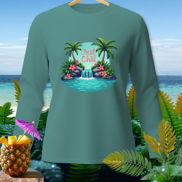 Teal long-sleeve shirt with a tropical waterfall graphic and "Just Chill" text.