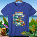 Blue t-shirt with cartoon turtle surfing a wave, 