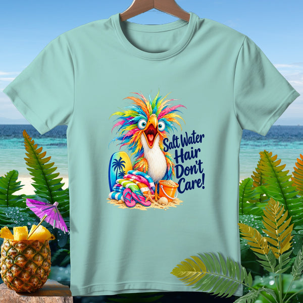 T-shirt with colorful cartoon bird and "Salt Water Hair Don't Care!" text.