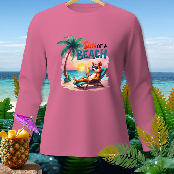 Pink long-sleeve shirt with "Sun of a Beach" graphic featuring a fox.