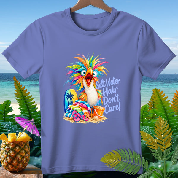 T-shirt with colorful bird and text "Salt Water Hair Don't Care!"