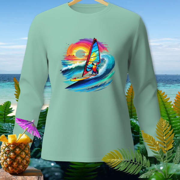 Mint long-sleeve t-shirt with a colorful parrot windsurfing graphic.