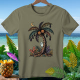 Olive t-shirt with Halloween palm tree graphic featuring pumpkins, bats, and a ghost.