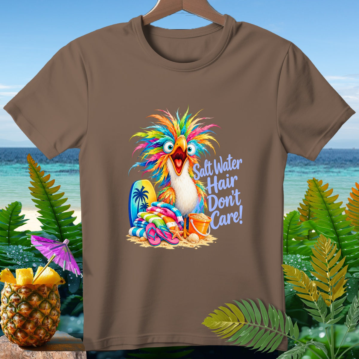 Brown t-shirt with colorful cartoon parrot and "Salt Water Hair Don't Care!" text.