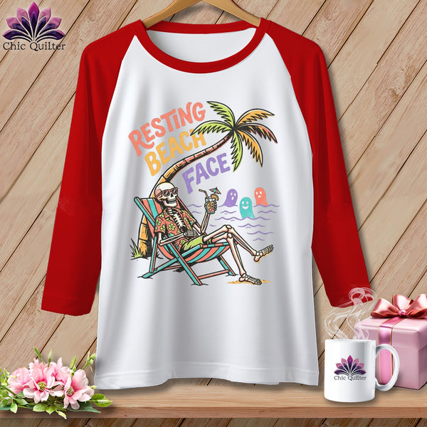Skeleton in lounge chair on beach with text "Resting Beach Face."