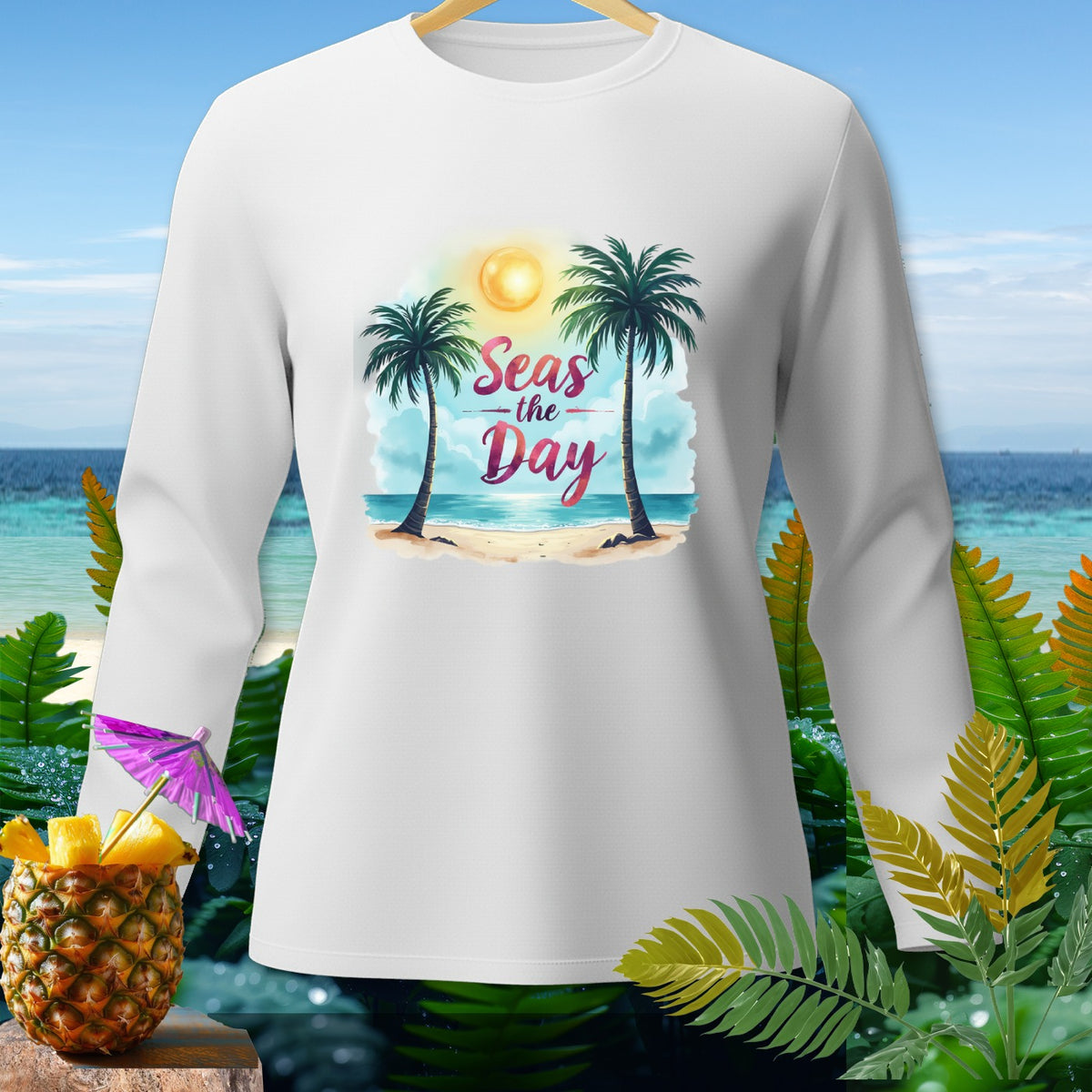 White long sleeve shirt with "Seas the Day" text and tropical beach graphic.