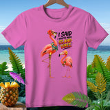 Pink t-shirt with two flamingos and the text 