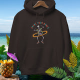 Skeleton wearing Hawaiian shirt hula hooping with text 