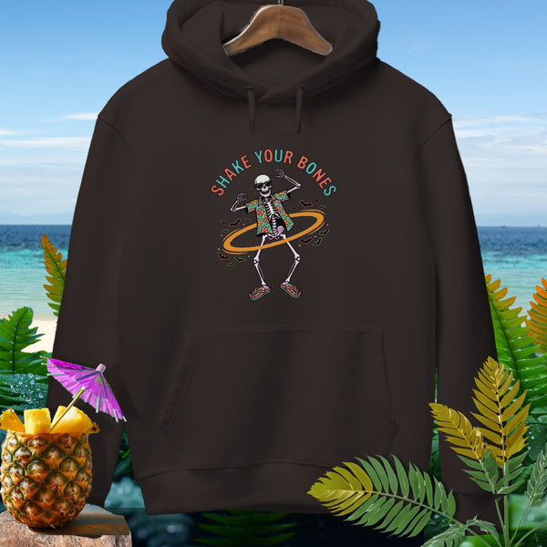 Skeleton wearing Hawaiian shirt hula hooping with text "SHAKE YOUR BONES".