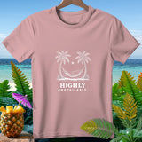 Pink t-shirt with white graphic of palms, hammock, sun, and text 