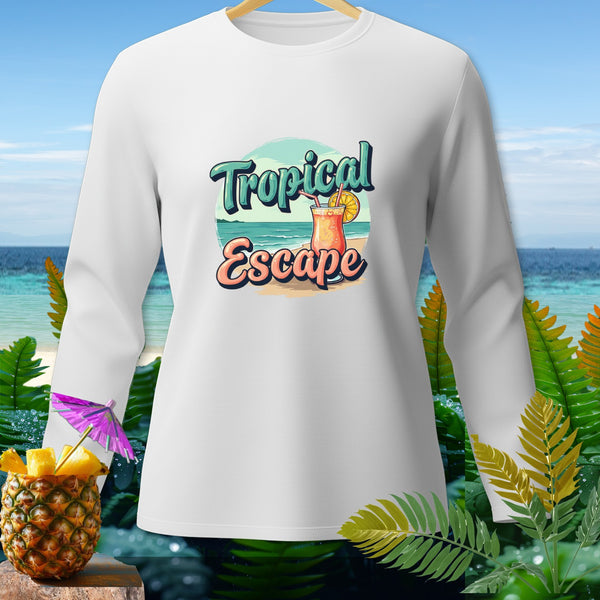 White long-sleeve shirt with "Tropical Escape" text and a tropical drink graphic.