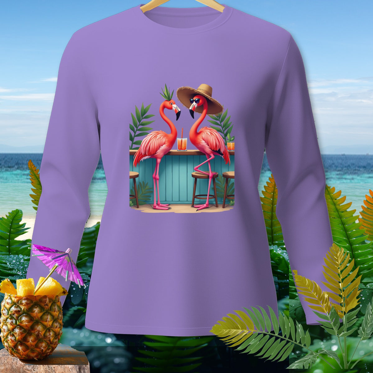 Purple long-sleeve shirt with cartoon flamingos at a bar with a pineapple and tropical foliage.