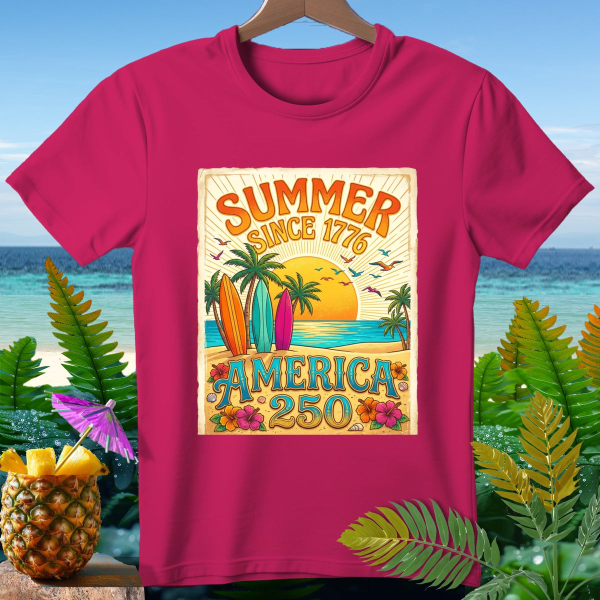 Magenta t-shirt with "Summer Since 1776 America 250" beach scene graphic.