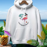 White hoodie with Halloween flamingo graphic and text 