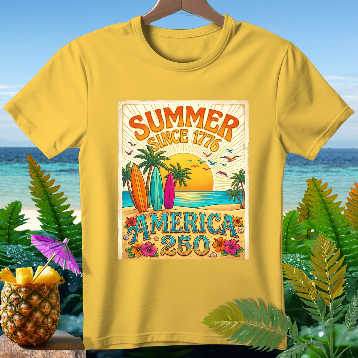 Yellow t-shirt with "Summer Since 1776 America 250" beach graphic.