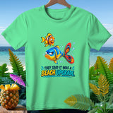 Green t-shirt with cartoon fish and text 
