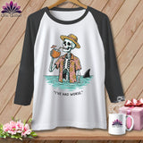 Baseball tee with skeleton in water, shark fin, and 