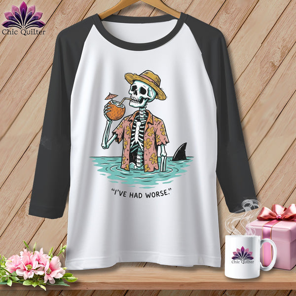 Baseball tee with skeleton in water, shark fin, and "I'VE HAD WORSE." text.