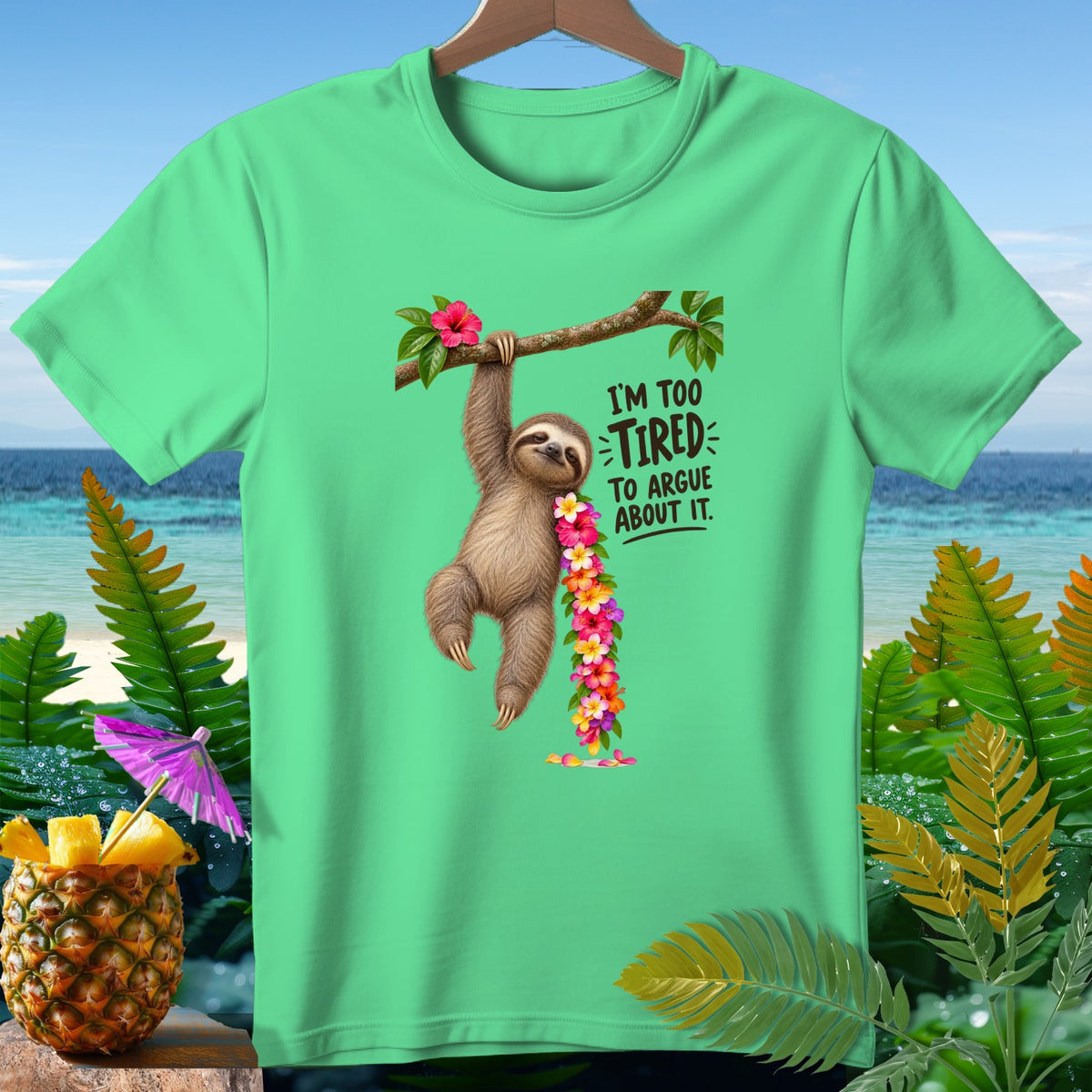 Sloth hanging from branch with flowers and text "I'm too tired to argue about it."