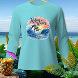 Light blue long-sleeve shirt with dolphins riding waves graphic and 
