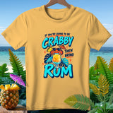 Yellow t-shirt with cartoon crab holding a drink, text says 