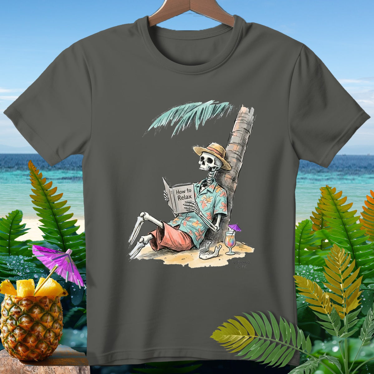 Skeleton reading "How to Relax" on a beach with a cocktail.