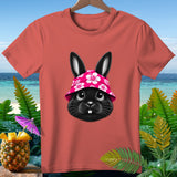 Coral t-shirt featuring a black bunny in a pink floral bucket hat.