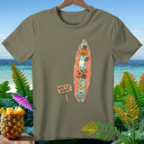 Green t-shirt with surfboard graphic featuring Halloween elements and beach scene.