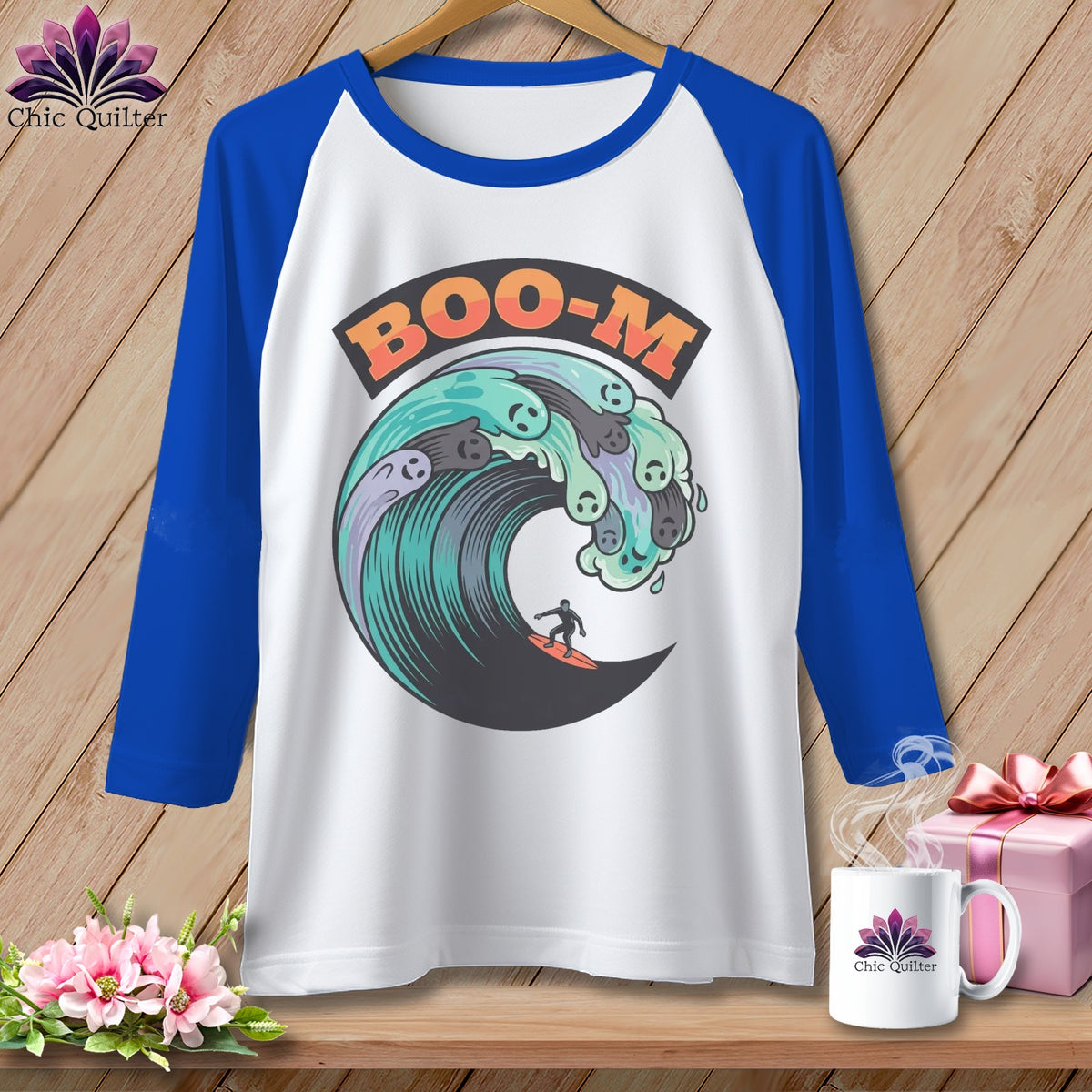 White baseball tee with "BOO-M" text and ghost wave graphic.