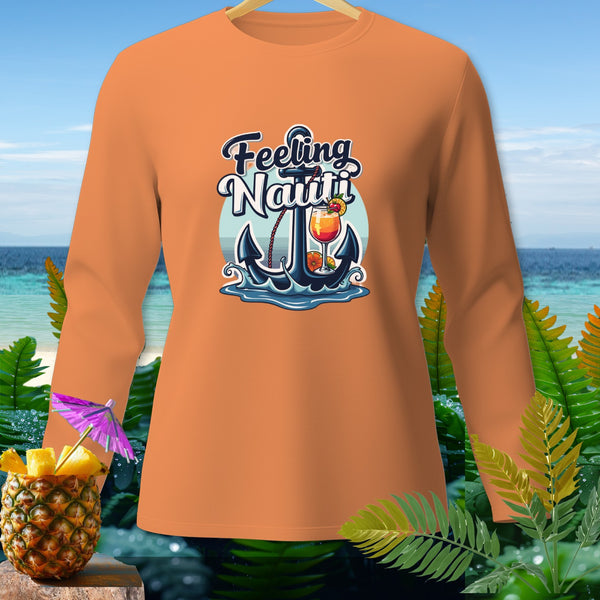 Orange long-sleeve shirt with "Feeling Nauti" text and nautical graphics.