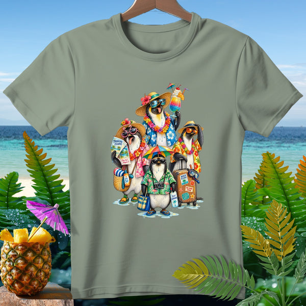 Four penguins in sunglasses and Hawaiian shirts ready for vacation with luggage and drinks.
