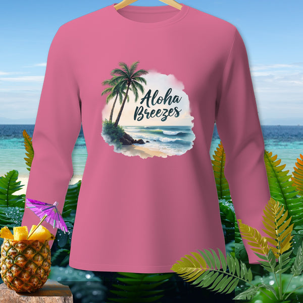 Pink long-sleeve shirt with "Aloha Breezes" beach scene graphic.