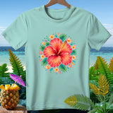 Light blue t-shirt with a vibrant red hibiscus flower design surrounded by tropical leaves and shells.