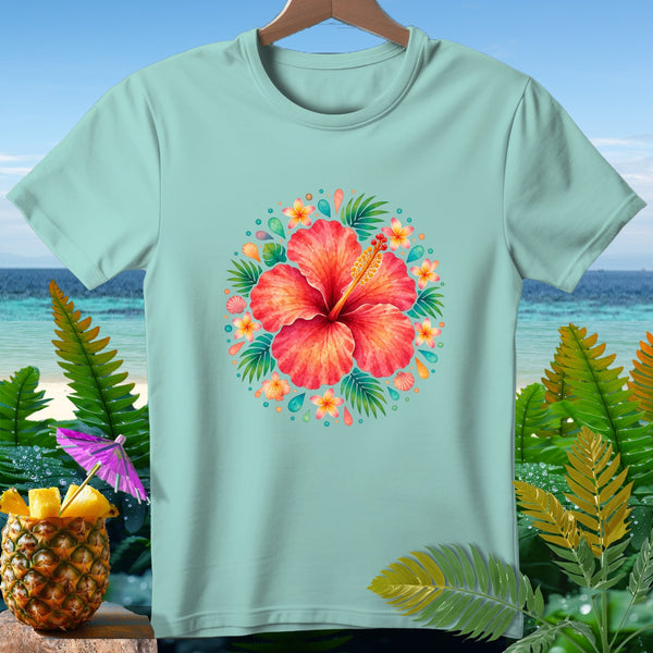 Light blue t-shirt with a vibrant red hibiscus flower design surrounded by tropical leaves and shells.