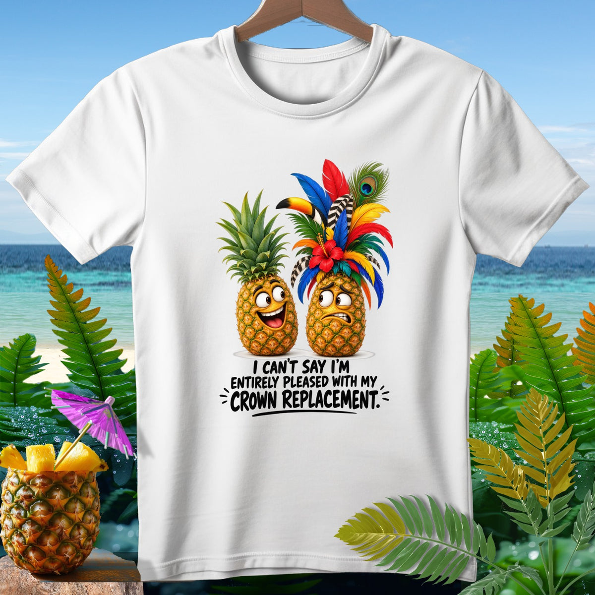 Two cartoon pineapples with faces, one smiling and one frowning, with the text "I CAN'T SAY I'M ENTIRELY PLEASED WITH MY CROWN REPLACEMENT."