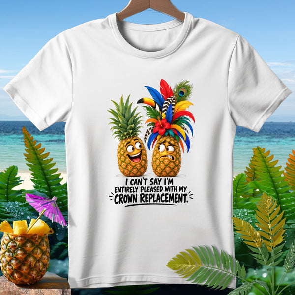 Two cartoon pineapples with faces, one smiling and one frowning, with the text "I CAN'T SAY I'M ENTIRELY PLEASED WITH MY CROWN REPLACEMENT."