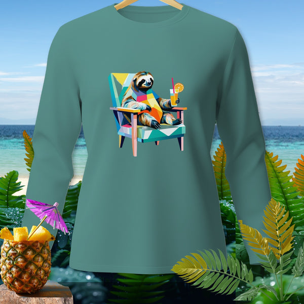 Teal long-sleeve shirt with pop art sloth drinking cocktail on a beach background.
