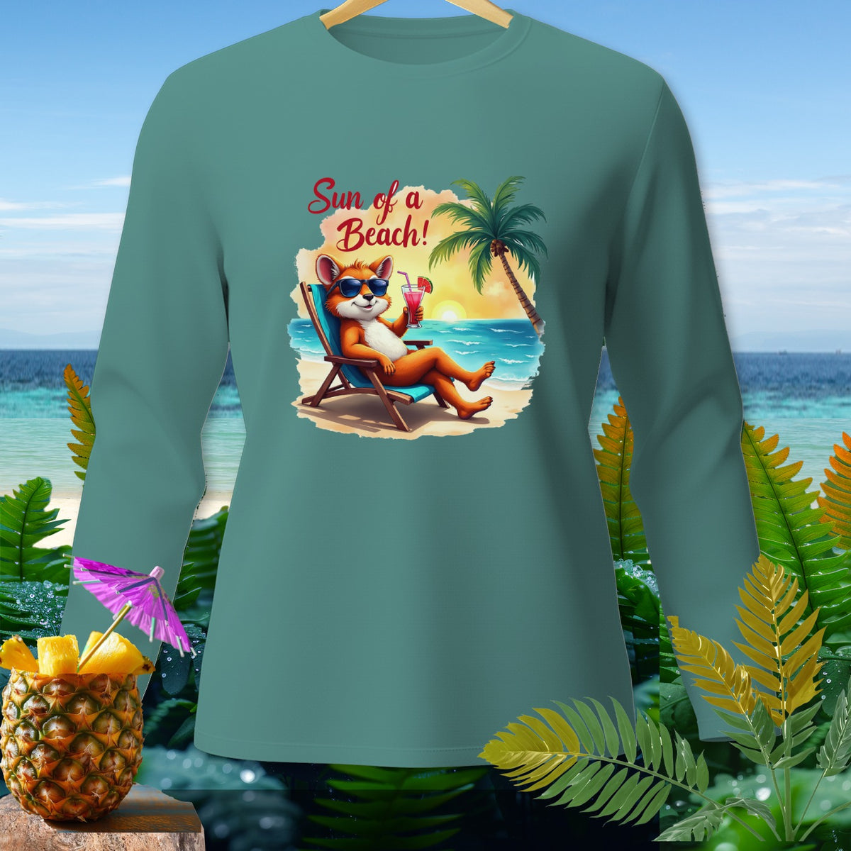 Long-sleeve shirt with a graphic of a fox relaxing on a beach with text "Sun of a Beach!".